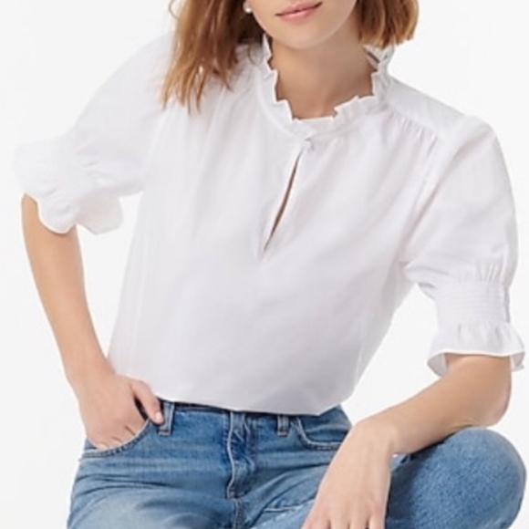 J. Crew Tops - J. Crew 100% Cotton Poplin Puff-Sleeve Ruffle Collar Top, White